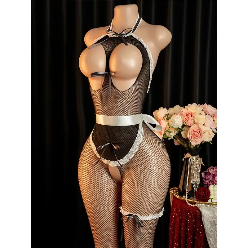 2026 New Sex Play Crotchless Costume Adult Cosplay Porno Maid Tights Open Breasts Sexy Uniform Seduction Sheer Lingerie Bodysuit - Image 4