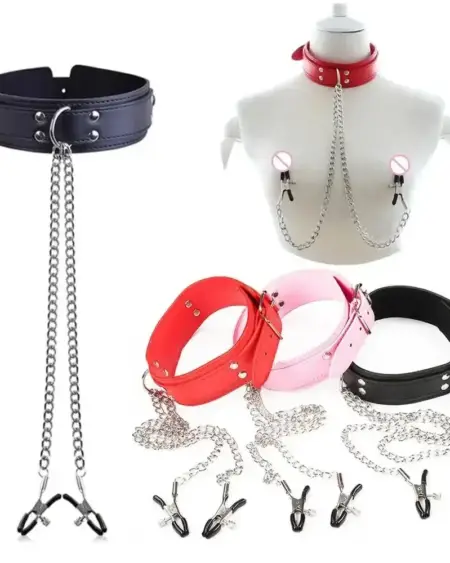Sexy Leather Choker Collar With Nipple Clamp Breast Clip Chain SM Bondage Couple SM Sex Toys For Woman Erotic Tools Adult Games
