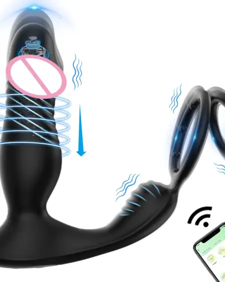 Thrusting Anal Vibrator App Control Prostate Massager with 2 Cock Ring Anal Plug 10 Modes Dildo Butt Plug Adult Sex Toys for Men