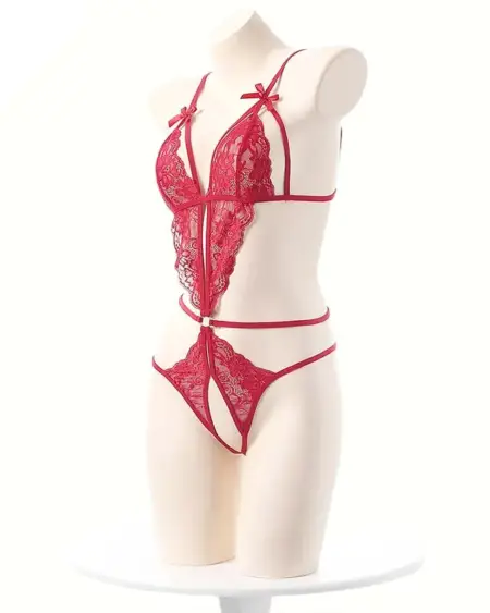 Women Lace Bodysuit Deep V Open Bra Teddy Lingerie Set, Women Babydoll Sleepwear Hollow‑out One‑piece Underwear for Bedroom Wear