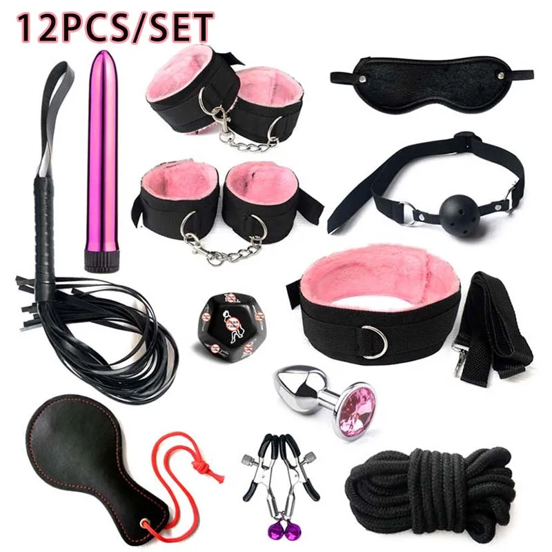 BDSM Adult Sexy Toys For Women Handcuffs Whip Anal Nipple Clamp Blindfold Strap On Vibrator Sex Bondage Set Sexual Couples Kit18