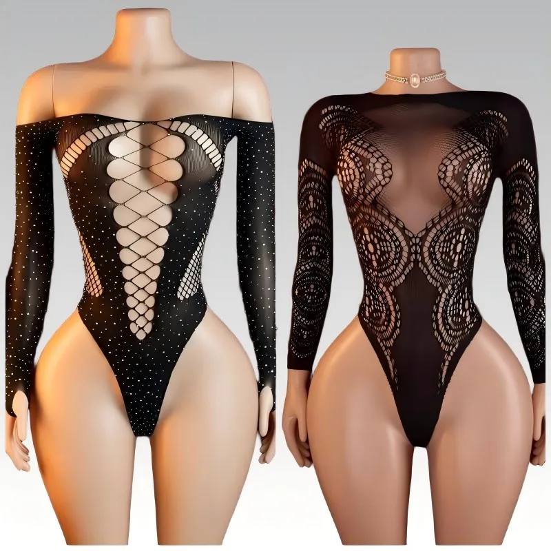 2026 Latest One Piece Off Shoulder Sexy Lace Mesh Transparent jumpsuit Women's High Waist Elastic Long Sleeve Underwear Set