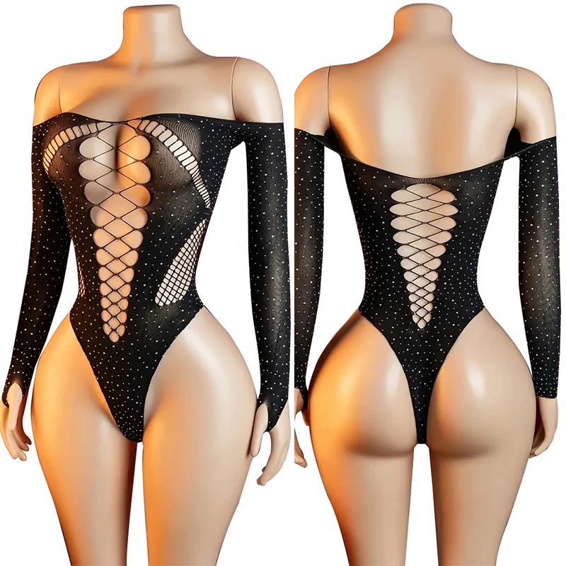 2026 Latest One Piece Off Shoulder Sexy Lace Mesh Transparent jumpsuit Women's High Waist Elastic Long Sleeve Underwear Set - Image 5