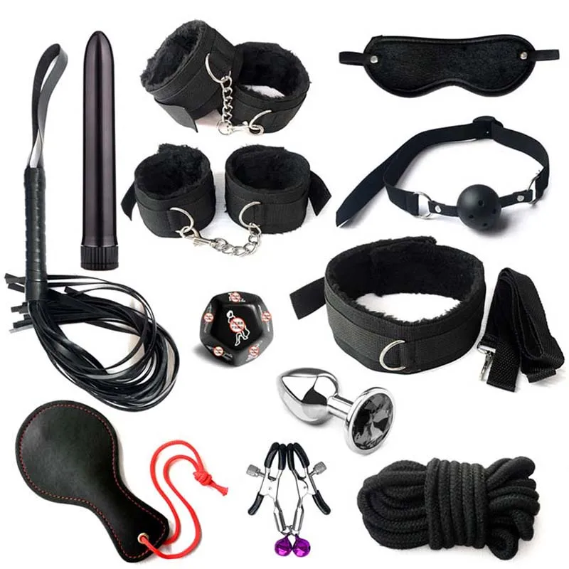 Erotic BDSM Kits for Couples - Sex Bondage Set with Handcuffs Gag Whip Nipple Clamps Anal Butt Plug Tail - Adult Toys for Women