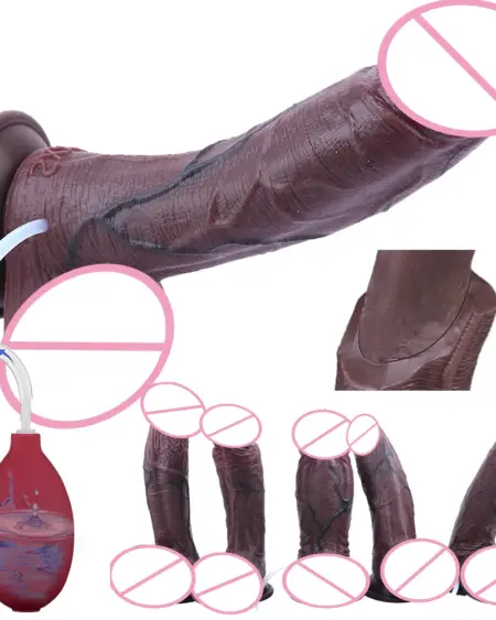 Real Soft Dual-Layer Squirting Black Dildo Realistic Silicone Anal Plug WIth Spray Water Function For Men Women Masturbator