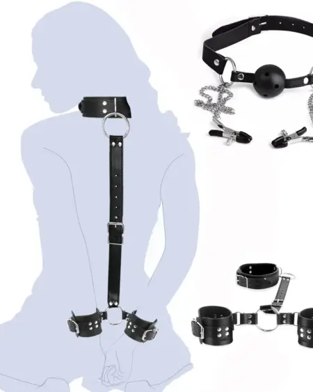 Neck to Wrist Restraints Kit with Nipple Clamps Gag Sex Toys for Women Adjustable Back Handcuffs Collar Bondage SM Sex Game Toys