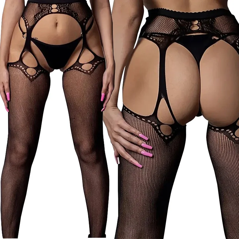 Floral Print Teddies Body Suits Erotic Lingerie Women Sexy Stockings With Garters Fishnet Hollow Pantyhose Crotchless Bodysuits - Image 3
