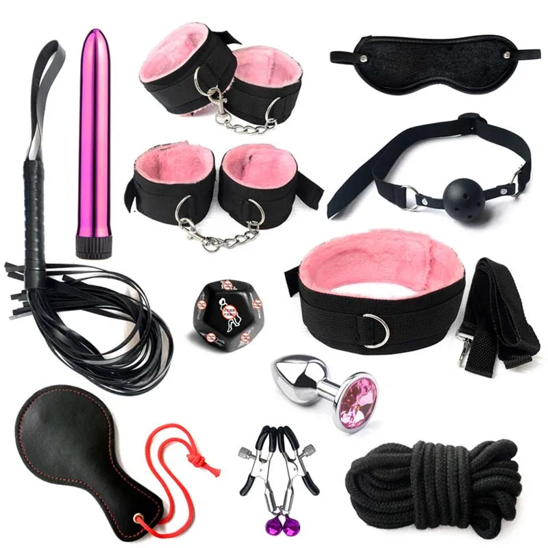 BDSM Adult Sexy Toys For Women Handcuffs Whip Anal Nipple Clamp Blindfold Strap On Vibrator Sex Bondage Set Sexual Couples Kit18 - Image 7