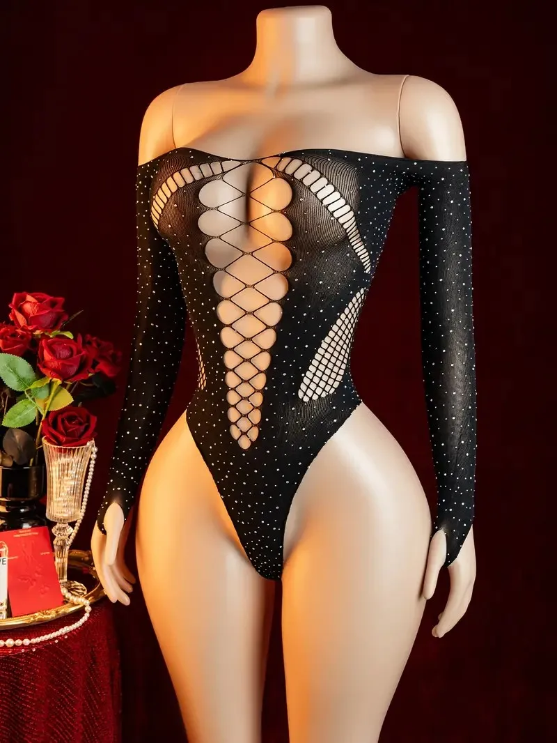 2026 Latest One Piece Off Shoulder Sexy Lace Mesh Transparent jumpsuit Women's High Waist Elastic Long Sleeve Underwear Set - Image 6