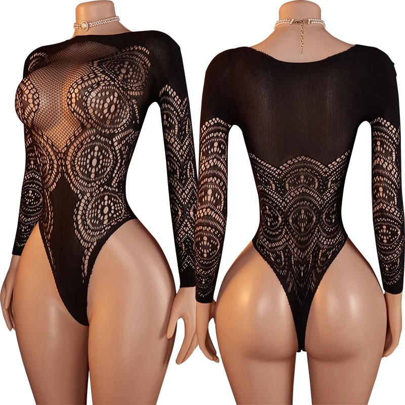 2026 Latest One Piece Off Shoulder Sexy Lace Mesh Transparent jumpsuit Women's High Waist Elastic Long Sleeve Underwear Set - Image 2
