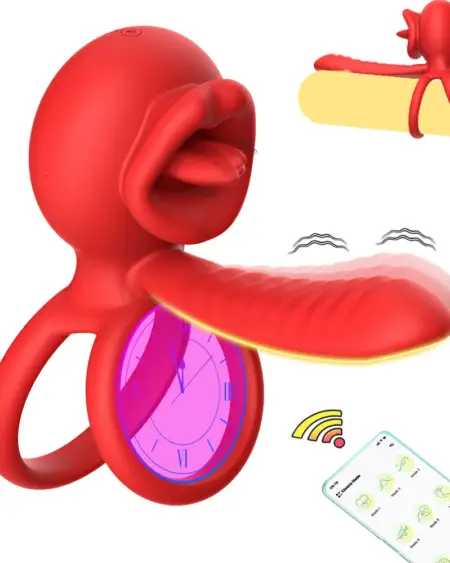 Vibrating Cock Ring App Penis Ring Vibrator Clitoral Stimulator with Licking Mouth Adult Sex Toy for Men Women Couples Pleasure