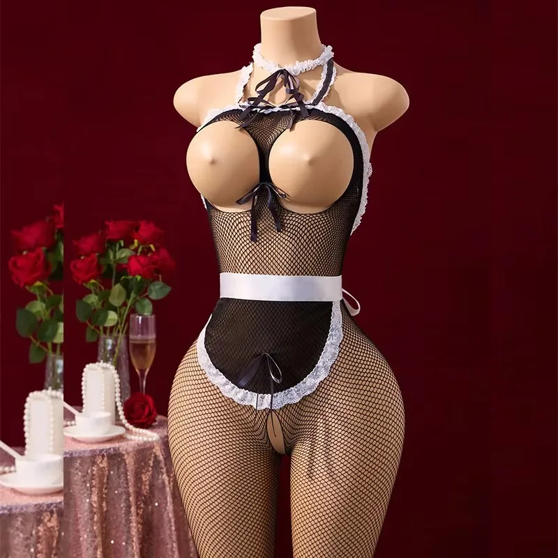 2026 New Sex Play Crotchless Costume Adult Cosplay Porno Maid Tights Open Breasts Sexy Uniform Seduction Sheer Lingerie Bodysuit - Image 2