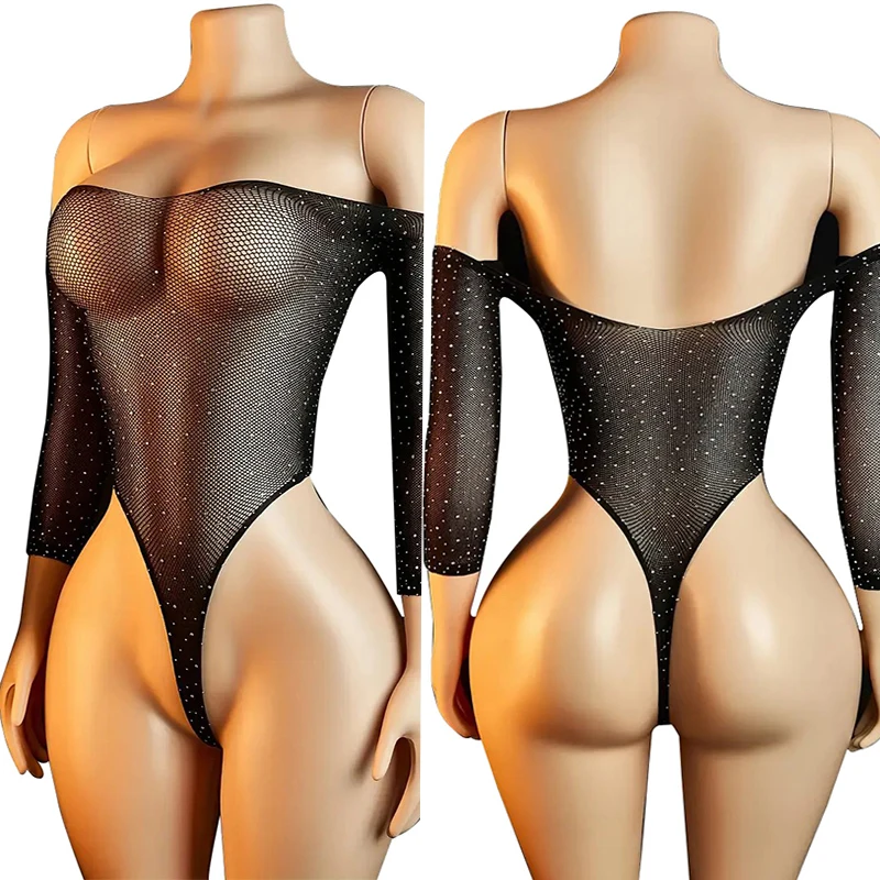 2026 Latest One Piece Off Shoulder Sexy Lace Mesh Transparent jumpsuit Women's High Waist Elastic Long Sleeve Underwear Set - Image 7